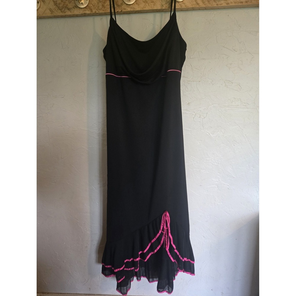 VTG Y2K Black Pink Piping Dress Fairy Whimsigoth Ruffle Hem Drape Size L ? Mesh